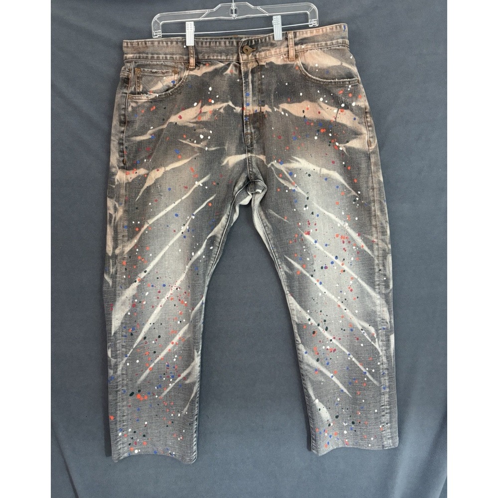 AKOO No Rivals Jeans Mens Size 38 Distressed Paint Splatter Streetwear 1980